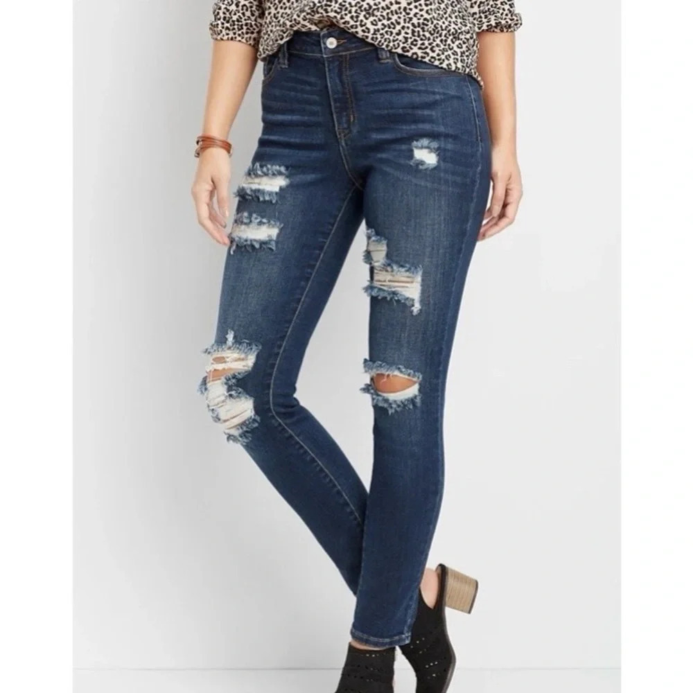 KanCan Ripped Skinny Jeans Dark Wash High Rise Destructed Denim 25 Women’s